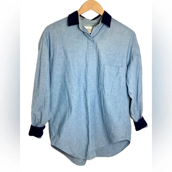 Vtg Whitney Lang Chambray Shirt Size 8 Corduroy Contrast Trim Relaxed Country - Picture 1 of 9